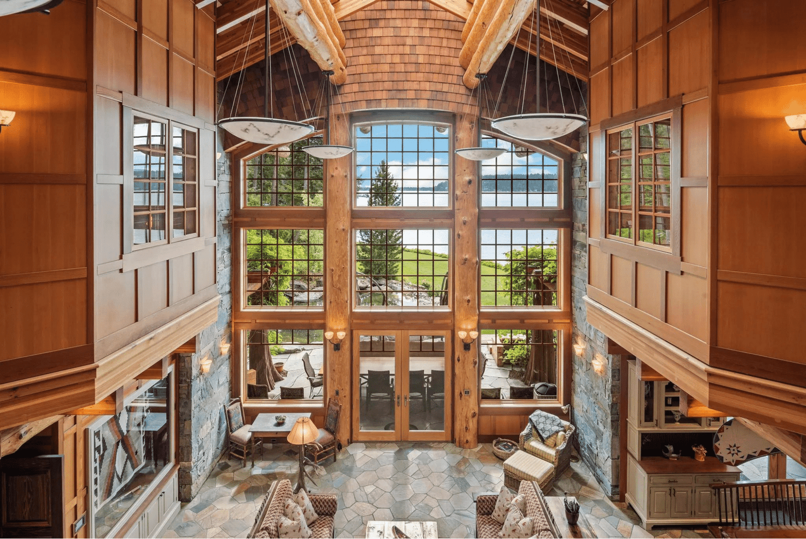 Foyer: Overview of living room and lakefront view