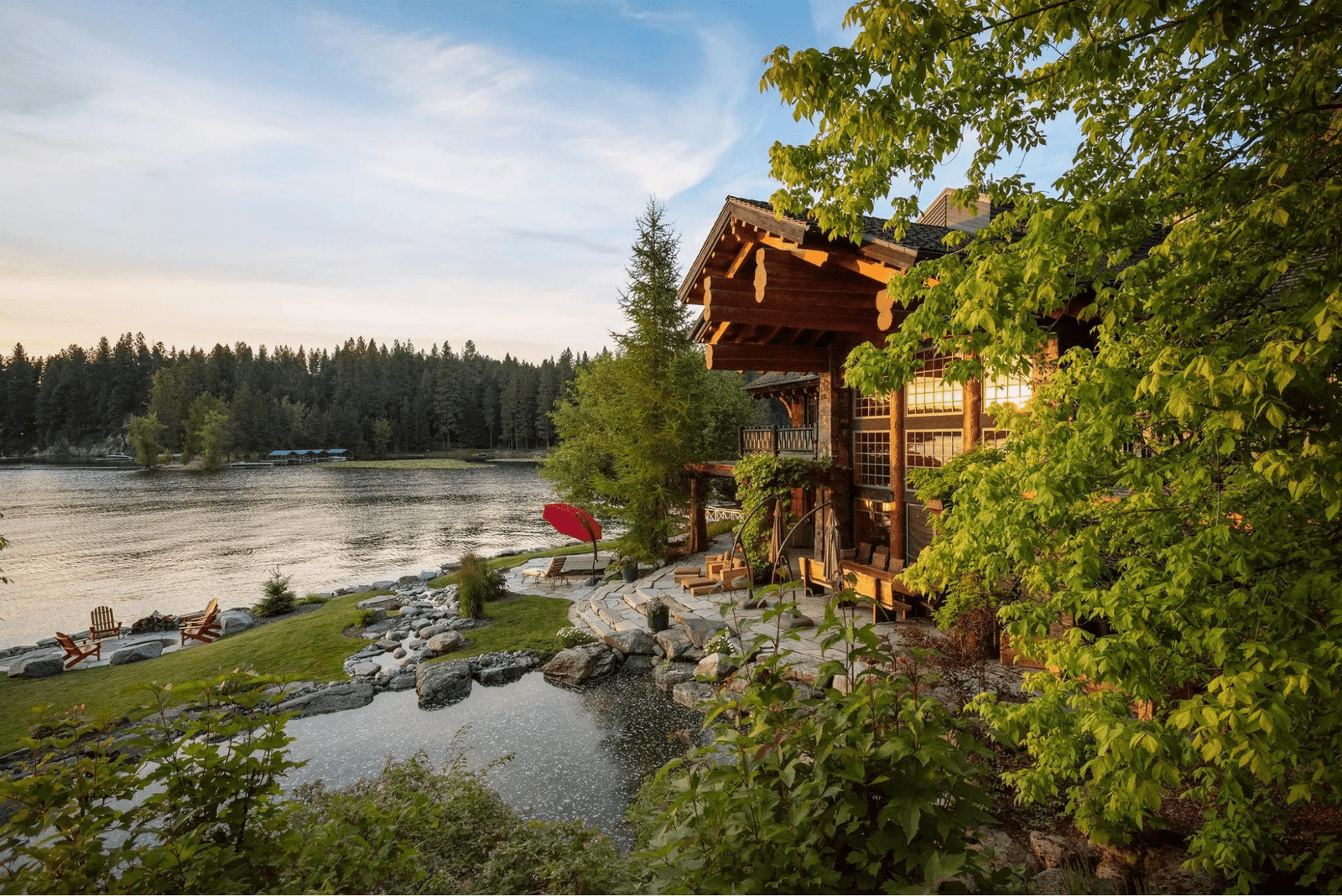 Hayden lake view with beachfront property, a pond, and waterfall