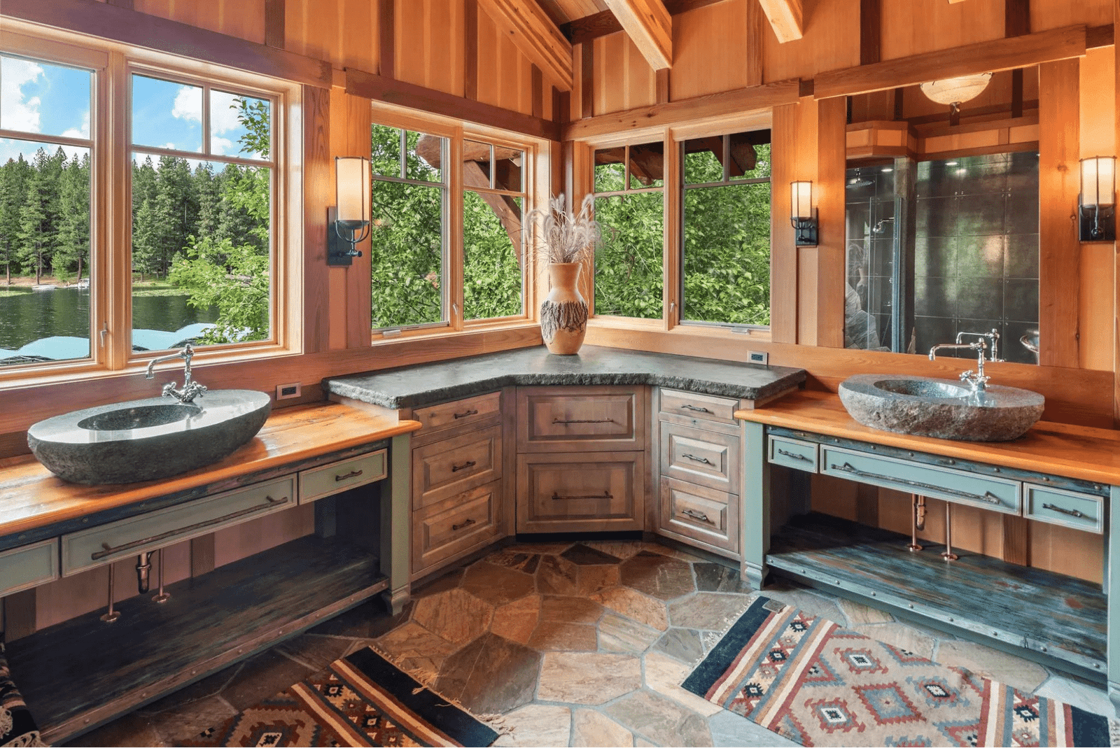 Master bathroom with a view of Hayden Lake, and a steam shower