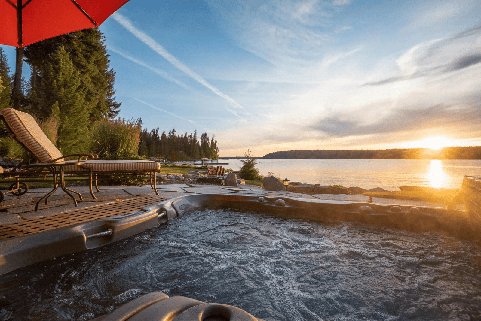 Patio: Hot tub with a lakeside view